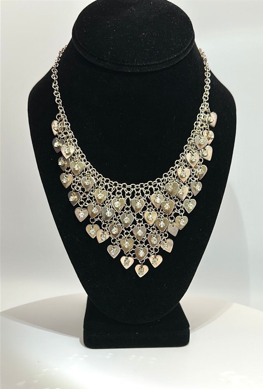 Silver Tone Heart Bib Statement Necklace Rhinestone Fringe Adjustable